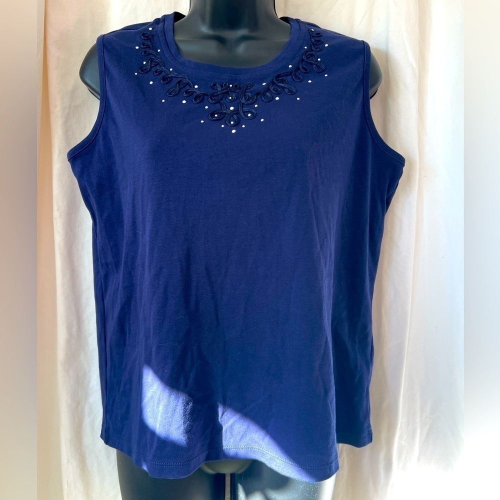 Allison Daley Women's Sz PM Cap Sleeve Embellished 100% Cotton Navy Top